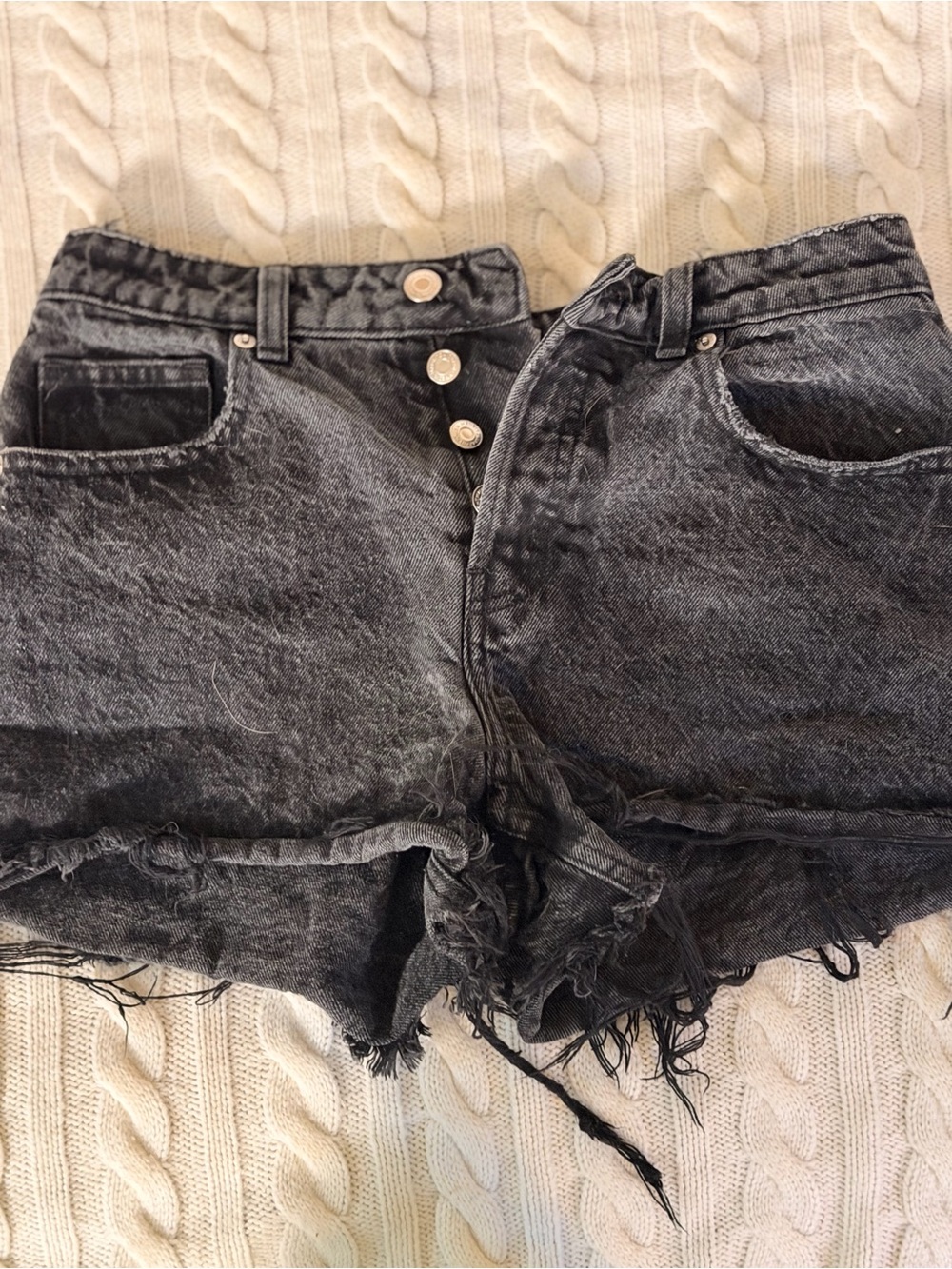 🔥 H&M Black Distressed Denim Shorts Size 6 Asymmetrical Button Fly Y2K Grunge
